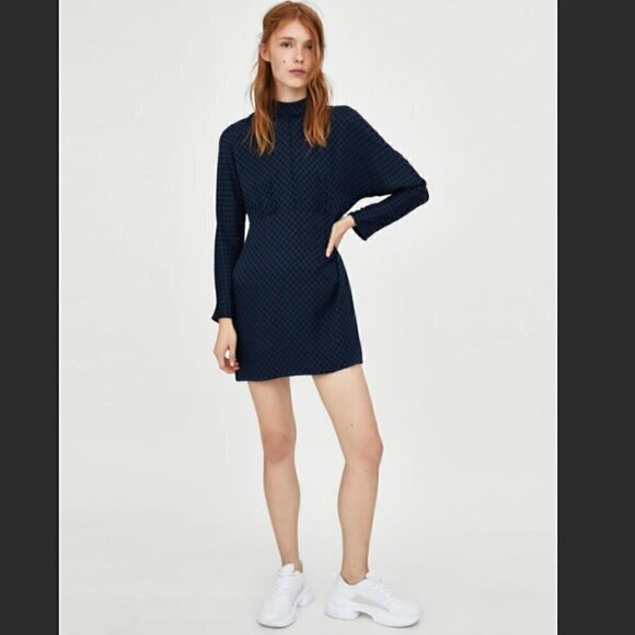 Zara Mini Dress S Satin High Mock Neck Tie Polka Dot Long Sleeve Navy Blue Black - Picture 1 of 15